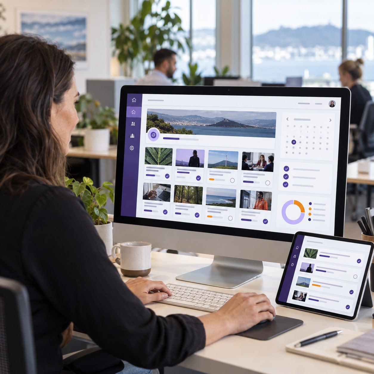 Learning professional using an LMS on desktop and tablet screens