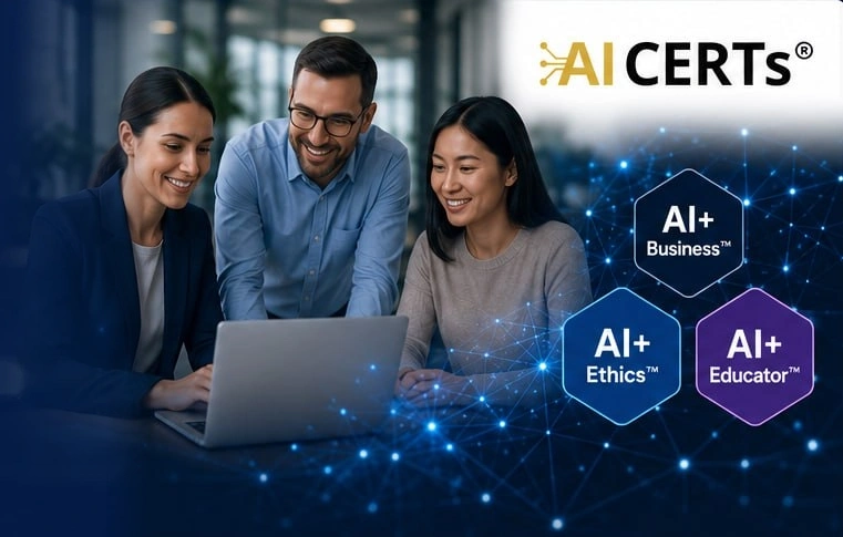 Abstract digital human profile with connected AI certification icons